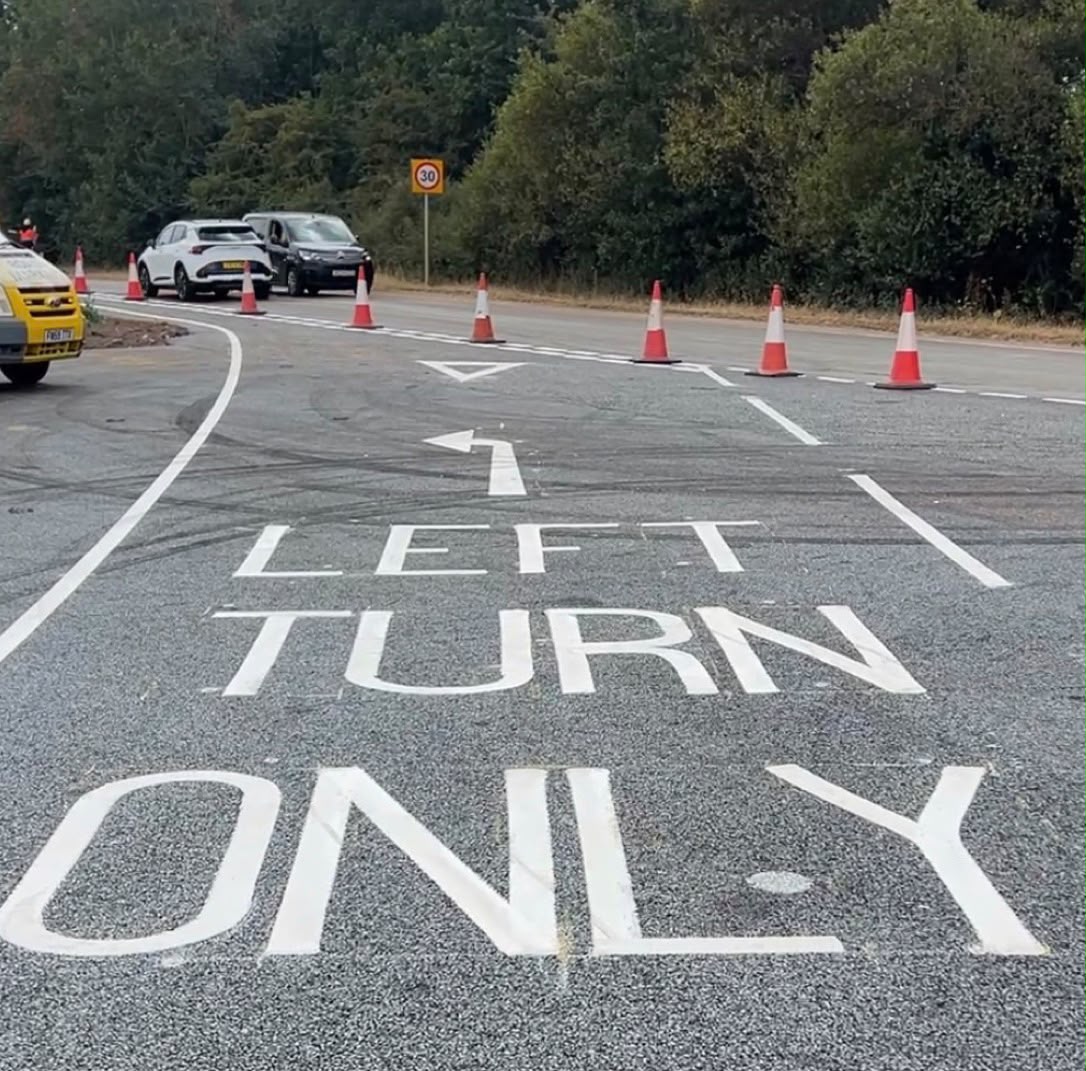 Broadmead Road, Bedfordshire — LEFT TURN ONLY lettering